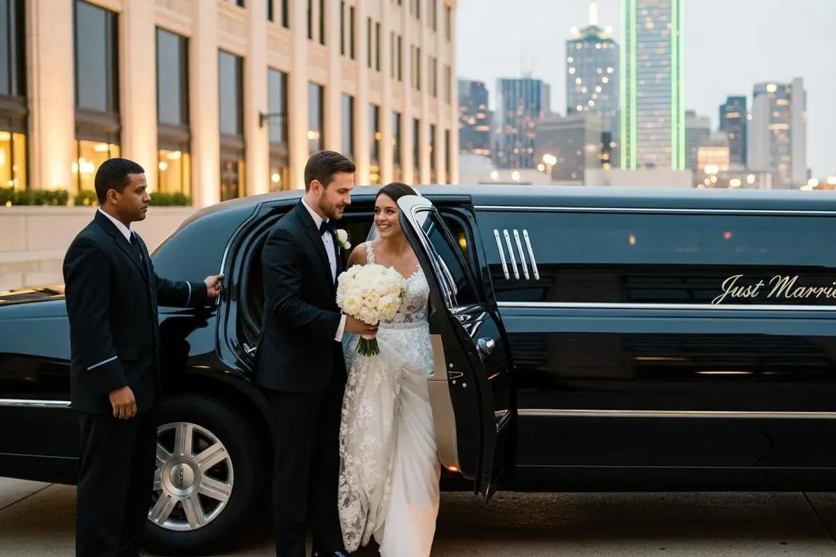 White stretch limousine and black Mercedes Sprinter van in front of Chicago wedding venue for chicago wedding transportation guide blog post