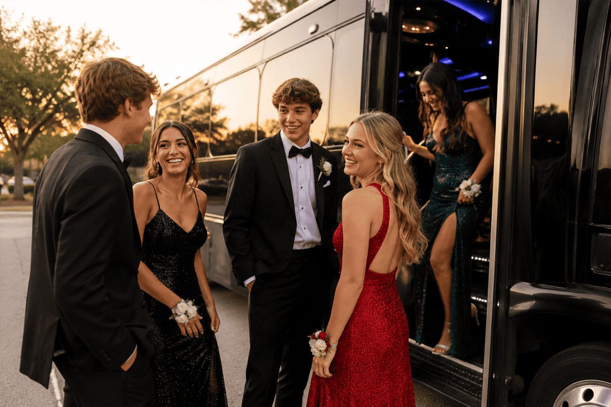 Black 2025 stretch limousine providing prom limo service Chicago with decorated vehicle and chauffeur ready for high school students